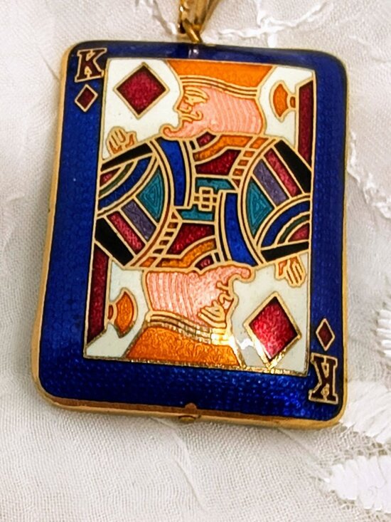 Unknown Jewelry - Cloisonne King Of Diamonds puffy Enamel playing card Pendant Necklace Chain